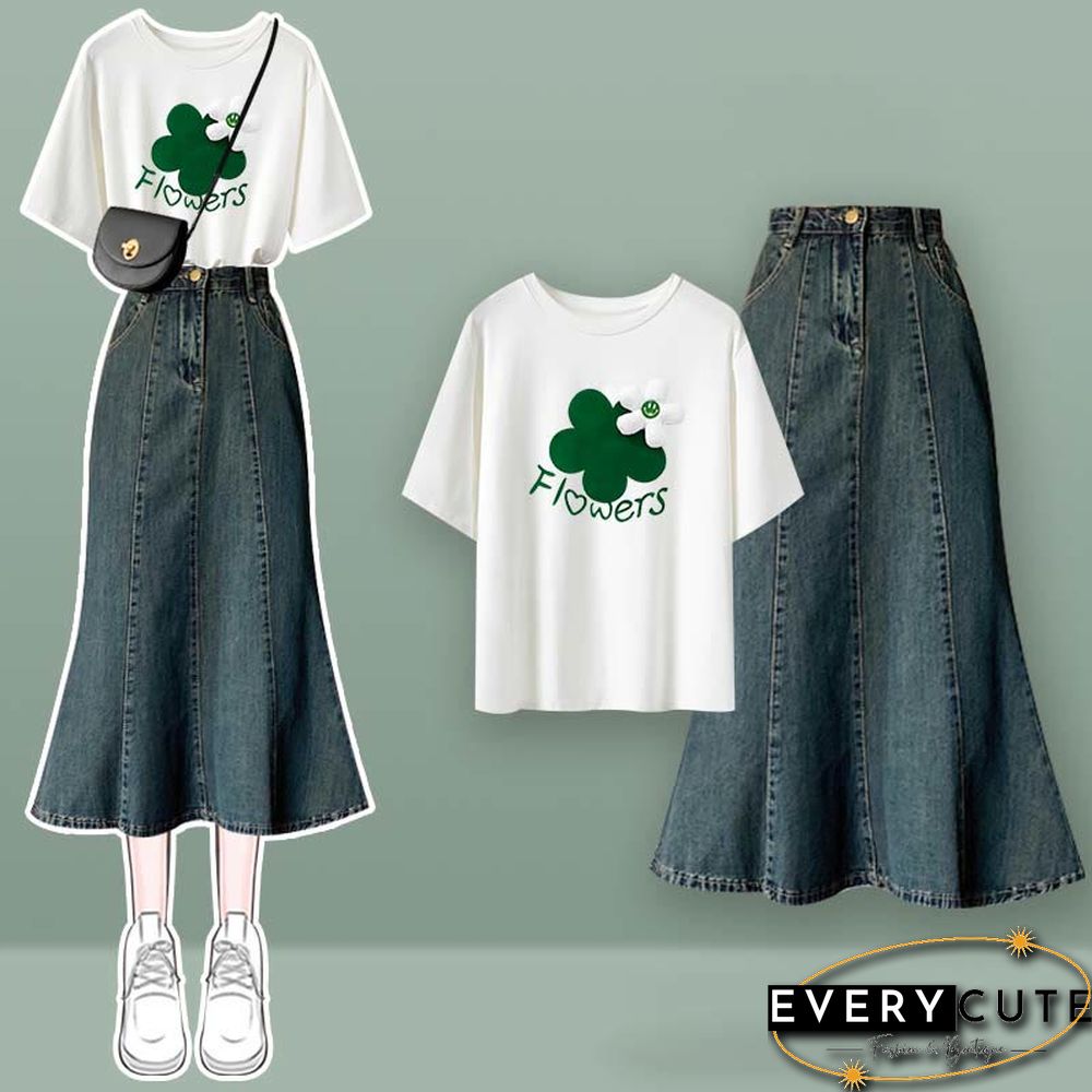 Bow Knot Butterfly Tulle Crop Top T-Shirt Fishtail Denim Skirt Two Pieces Set