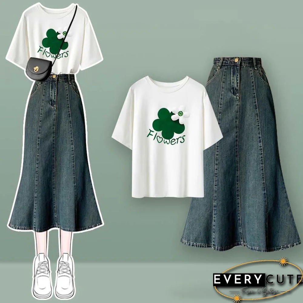Bow Knot Butterfly Tulle Crop Top T-Shirt Fishtail Denim Skirt Two Pieces Set