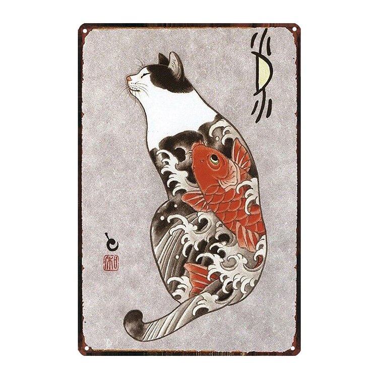 Tatouage Chat Samouraï Japonais - Enseigne Vintage Métallique/Enseignes en bois - 20*30cm/30*40cm