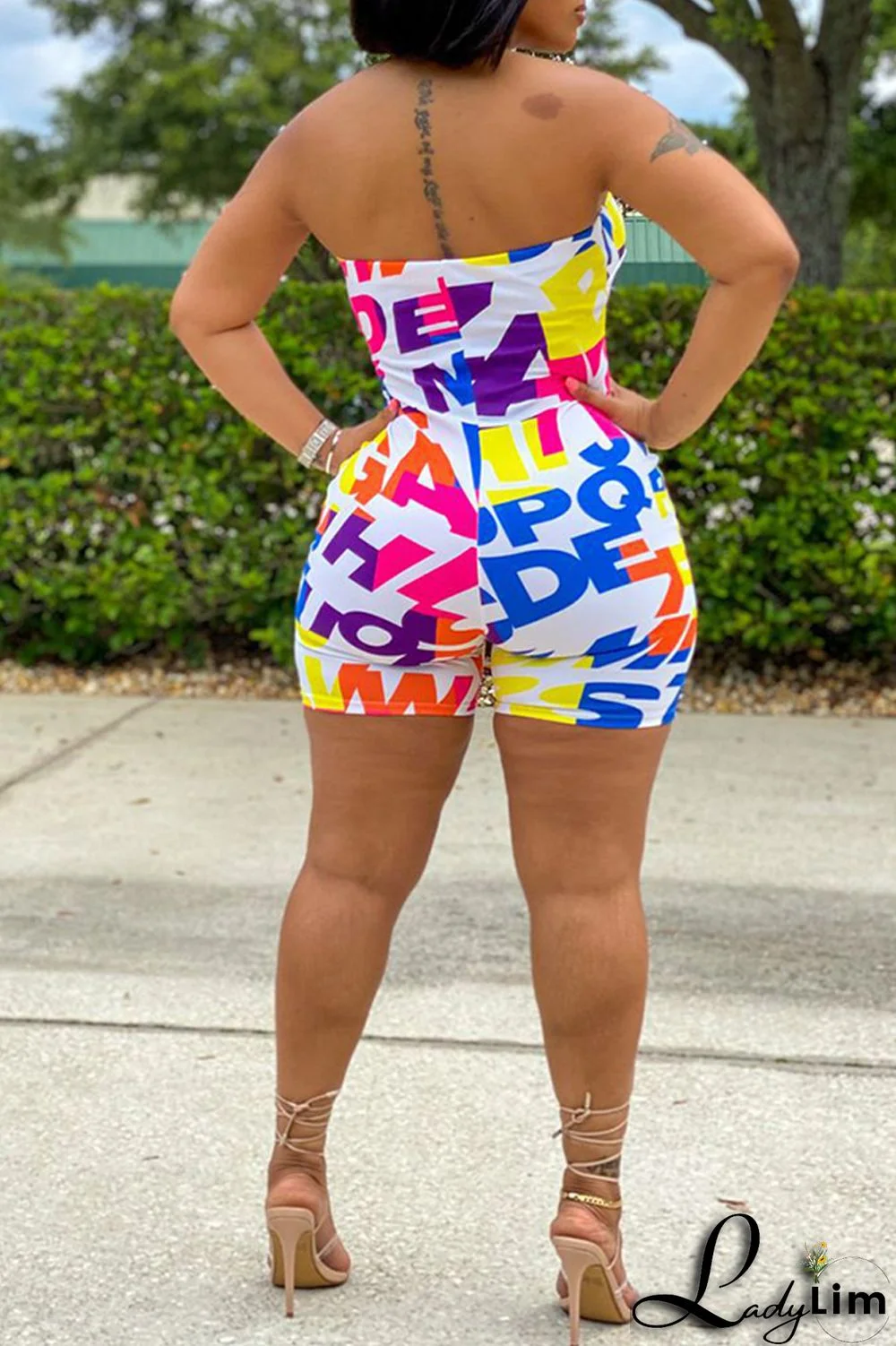 White Fashion Sexy Letter Print Backless Strapless Skinny Romper