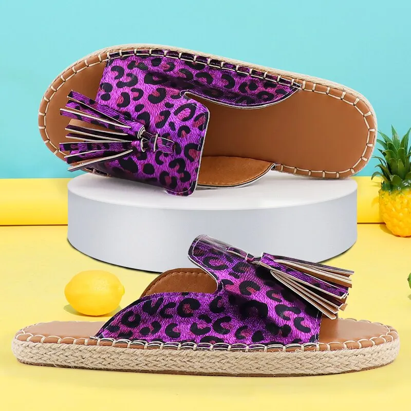 Flat Sandals women Fashion Fringe Designer Slides Summer shoes for Ladies Plus size 41 Female Handmade Shoes Holidays Leopard