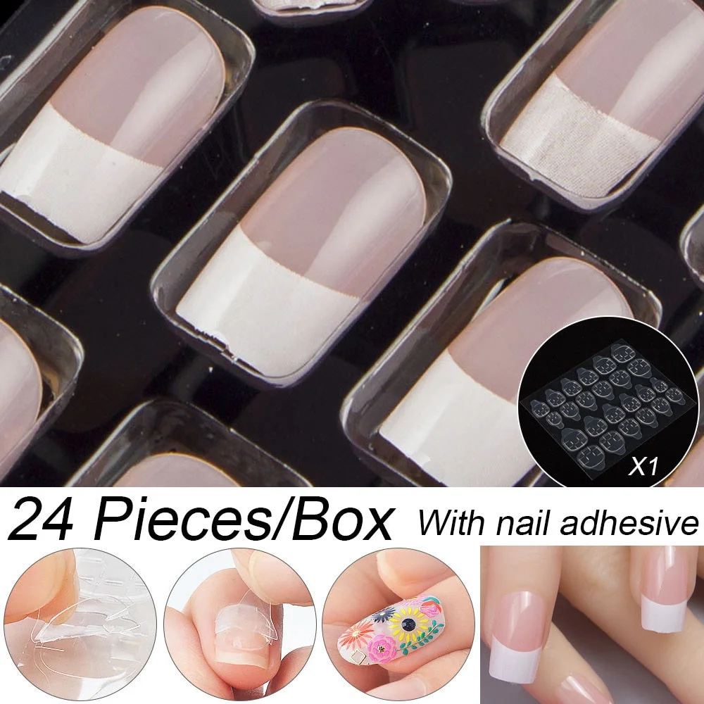 Fashion 24pc/set 10 Sizes Fake Nails Full Cover French False Nail Tips With Double-Sided Nail Adhesive Tab Press On Coffin Nail-Nail Inspo