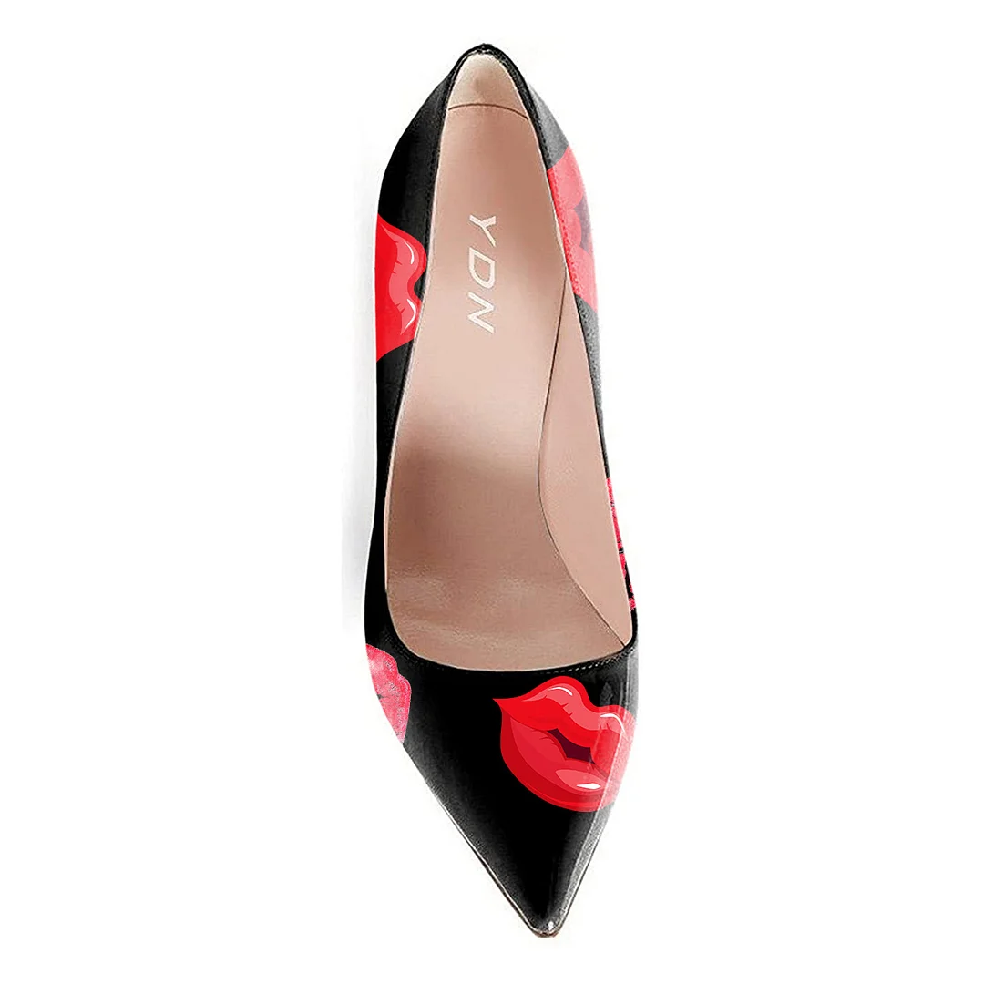 Vegan Leather Red Lips Printed Pointed Toe Ladies Party Heels in Black