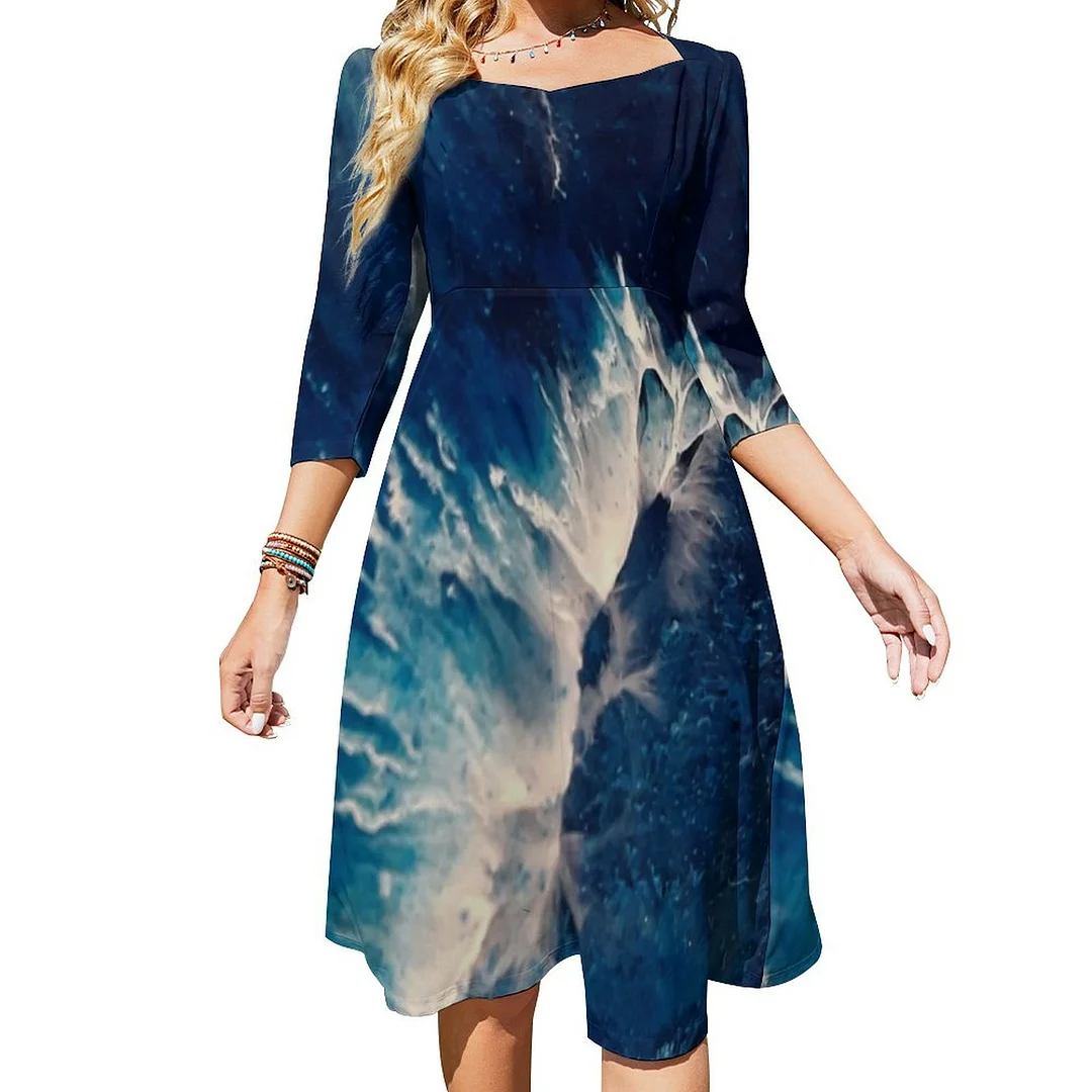 Waves Of Thunder I Leggins Dress Sweetheart Tie Back Flared 3/4 Sleeve Midi Dresses