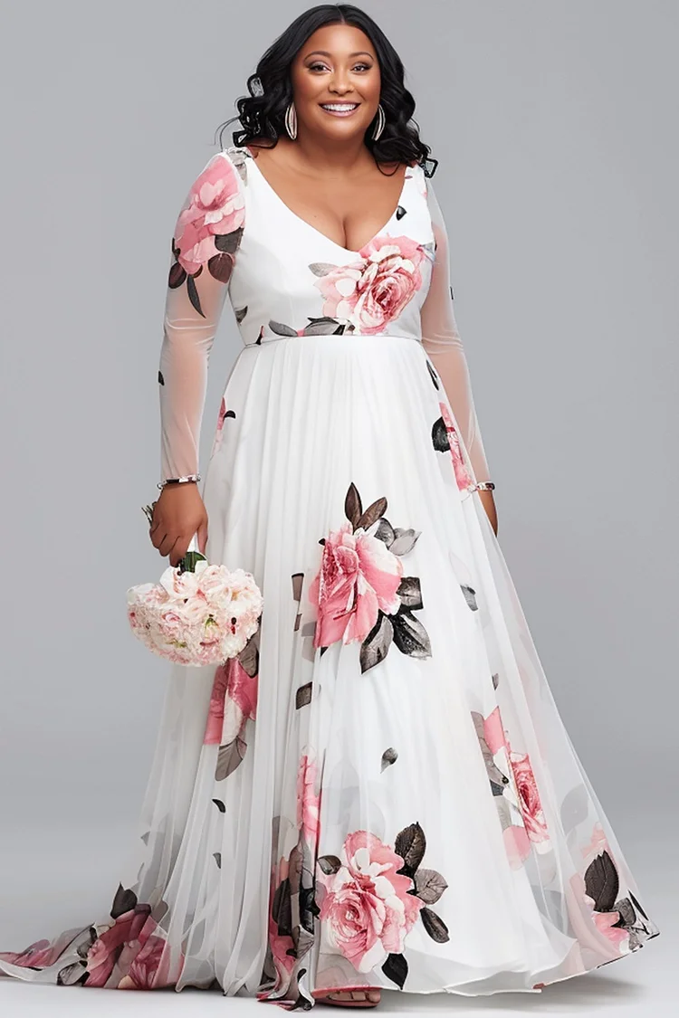 Flycurvy Plus Size White Sheer Floral Print V Neck Long Sleeve Maxi Dress  Flycurvy [product_label]