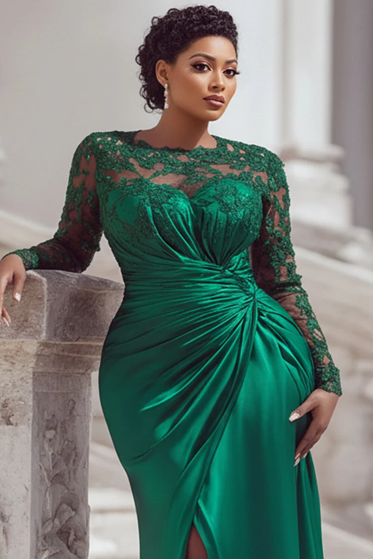 Xpluswear Design Plus Size Formal Black Round Neck Long Sleeve Split Elegant Drilling Satin Maxi Dresses [Pre-Order]