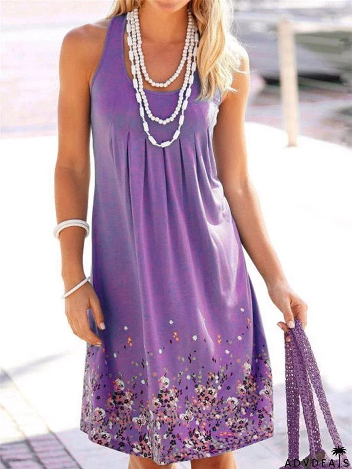 Comfy Loose Floral Print O-Neck Sleeveless Dresses