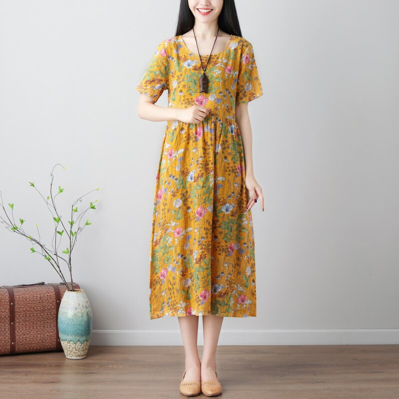 Women's Dress Summer Retro Art Print Short-sleeved Cotton Linen Dresses Female Loose Large Size Floral Fashion O-neck Dress Z276