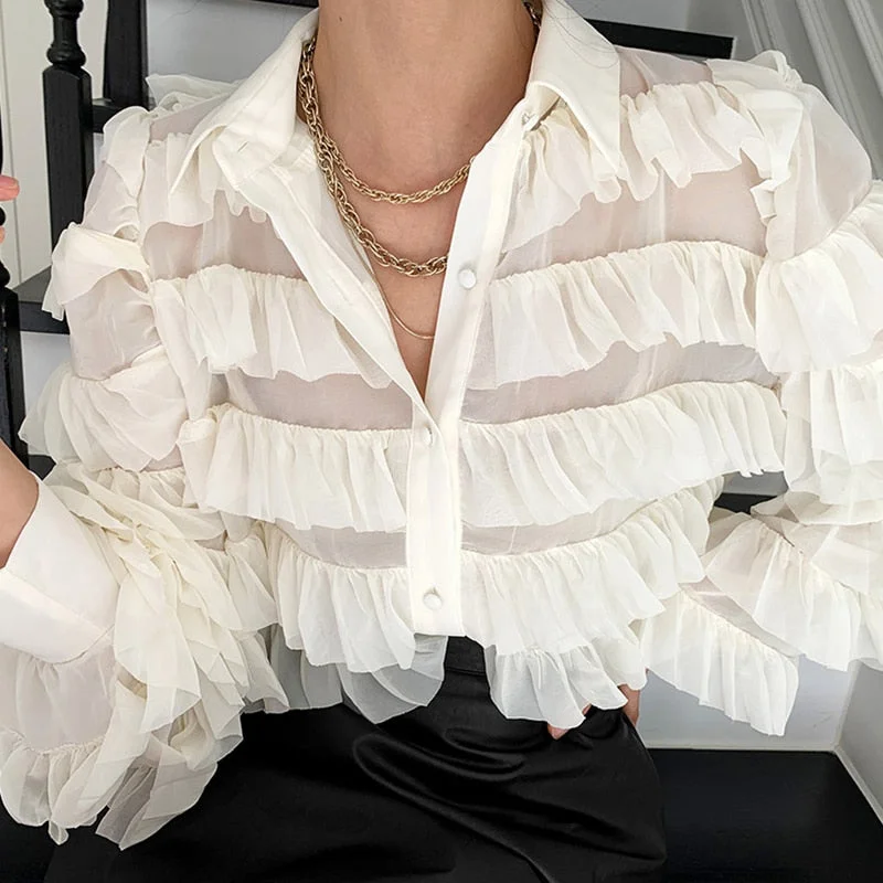 Spring New Korean Heavy Work Cupcake Ruffles Blouse Women Turn Down Collar Long Sleeve Tops Loose Blusas Ol Feminino Shirt 13336