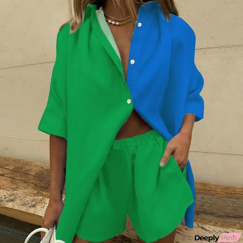 Summer Women's Two Piece Double Colorblock Short Sleeve Shorts Fashion Casual Outfit