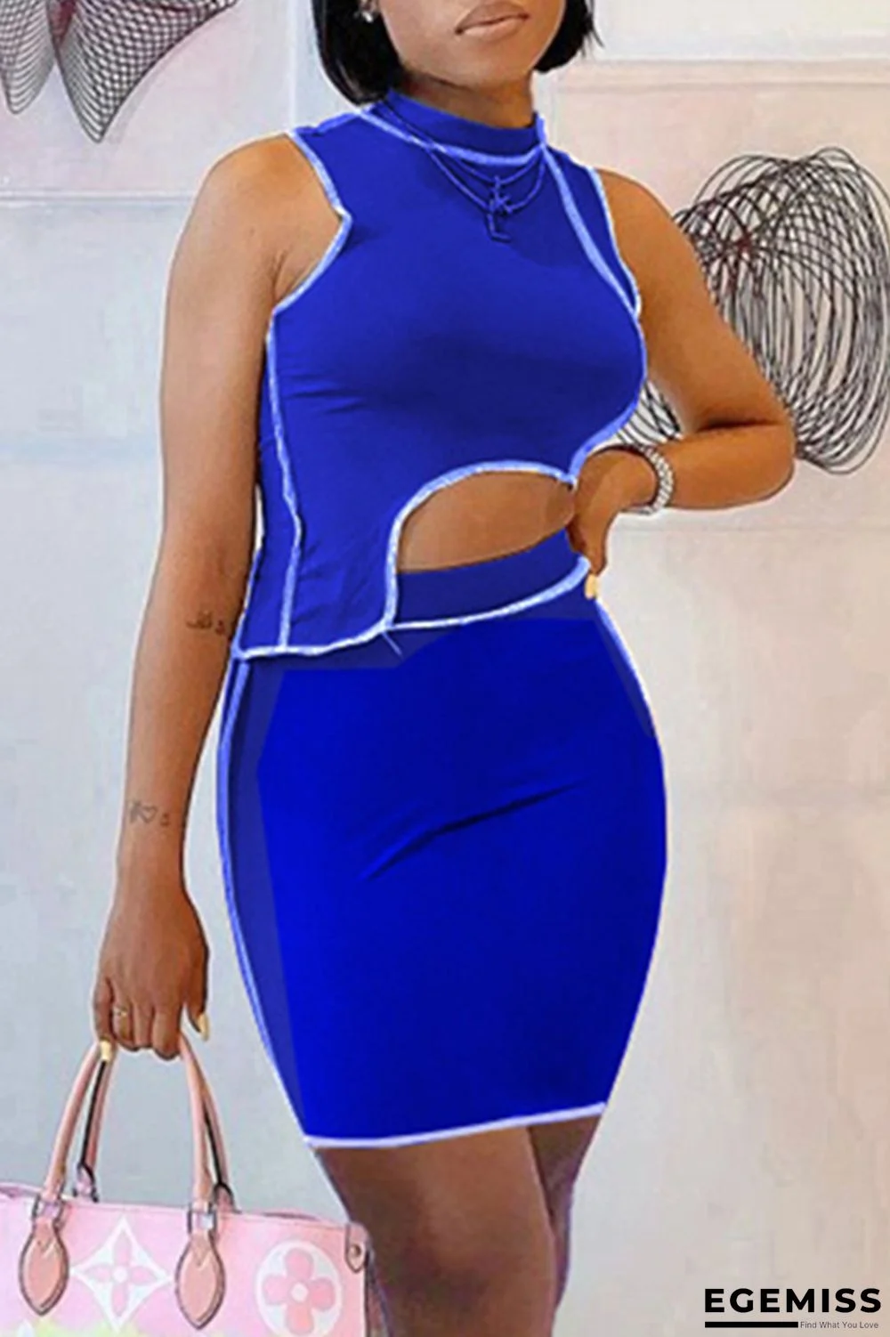 Blue Sexy Casual Solid Patchwork Asymmetrical Half A Turtleneck Sleeveless Two Pieces | EGEMISS