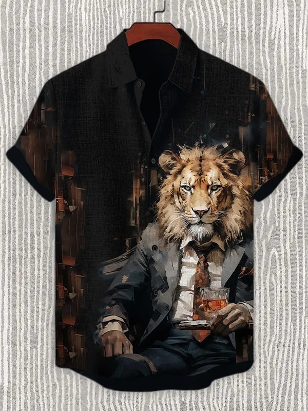 Men's Lion Gentleman In The Bar Art Print Linen Blend Shirt