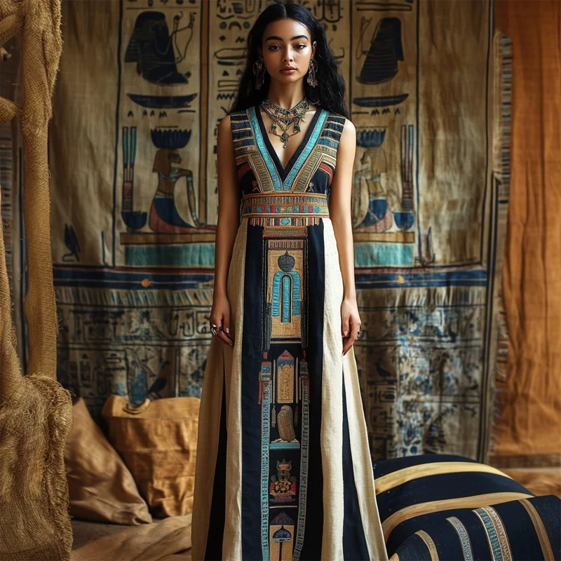 Ancient Egyptian Inspired Patchwork Linen Maxi Dress
