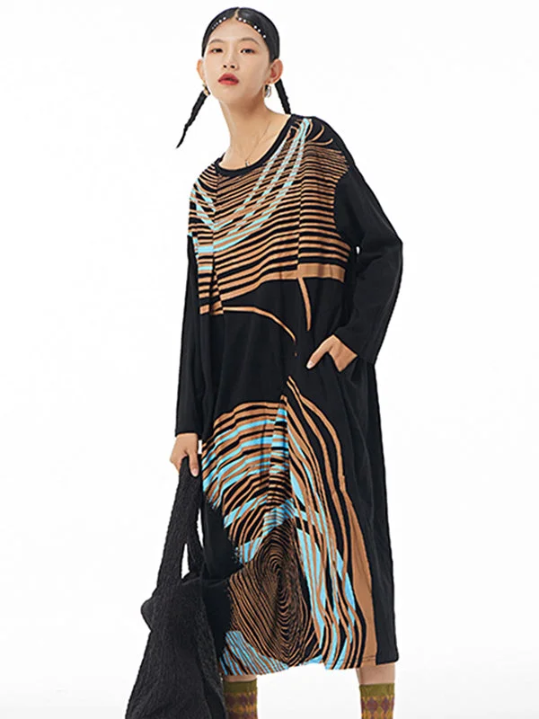 Casual Colorful Striped Printed Loose Long Sleeves Midi Dress