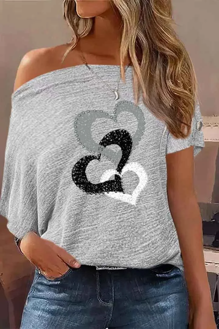 Heart Print Buttoned Decor Off Shoulder T-Shirt