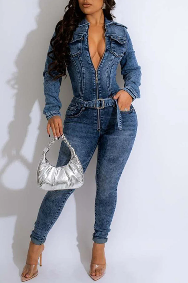 Casual Solid Patchwork Zipper Turndown Collar Skinny Jumpsuits