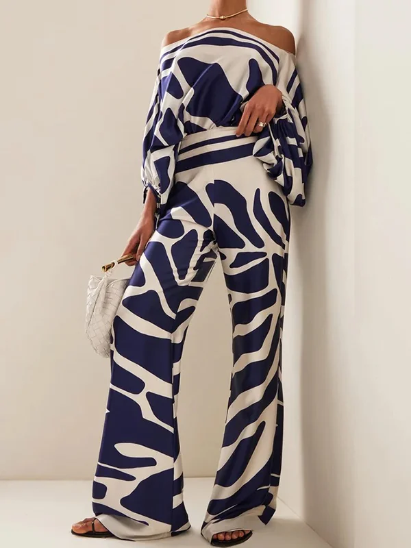 Printed Off-The-Shoulder Top + Wide Leg  Pants Two Pieces Set