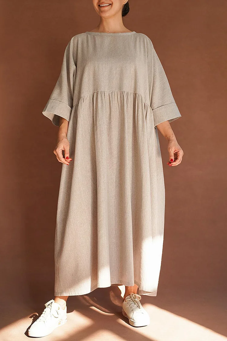 Three Quarter Sleeve Round Neck Loose-Fit Linen Midi Dresses [Pre Order]