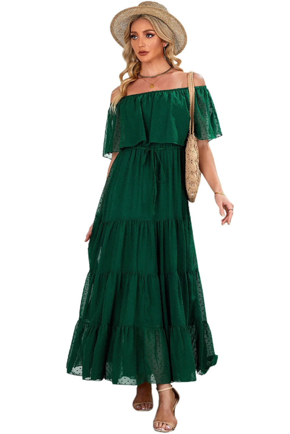 Women Green Off Shoulder Ruffle Swiss Dot Maxi Dress