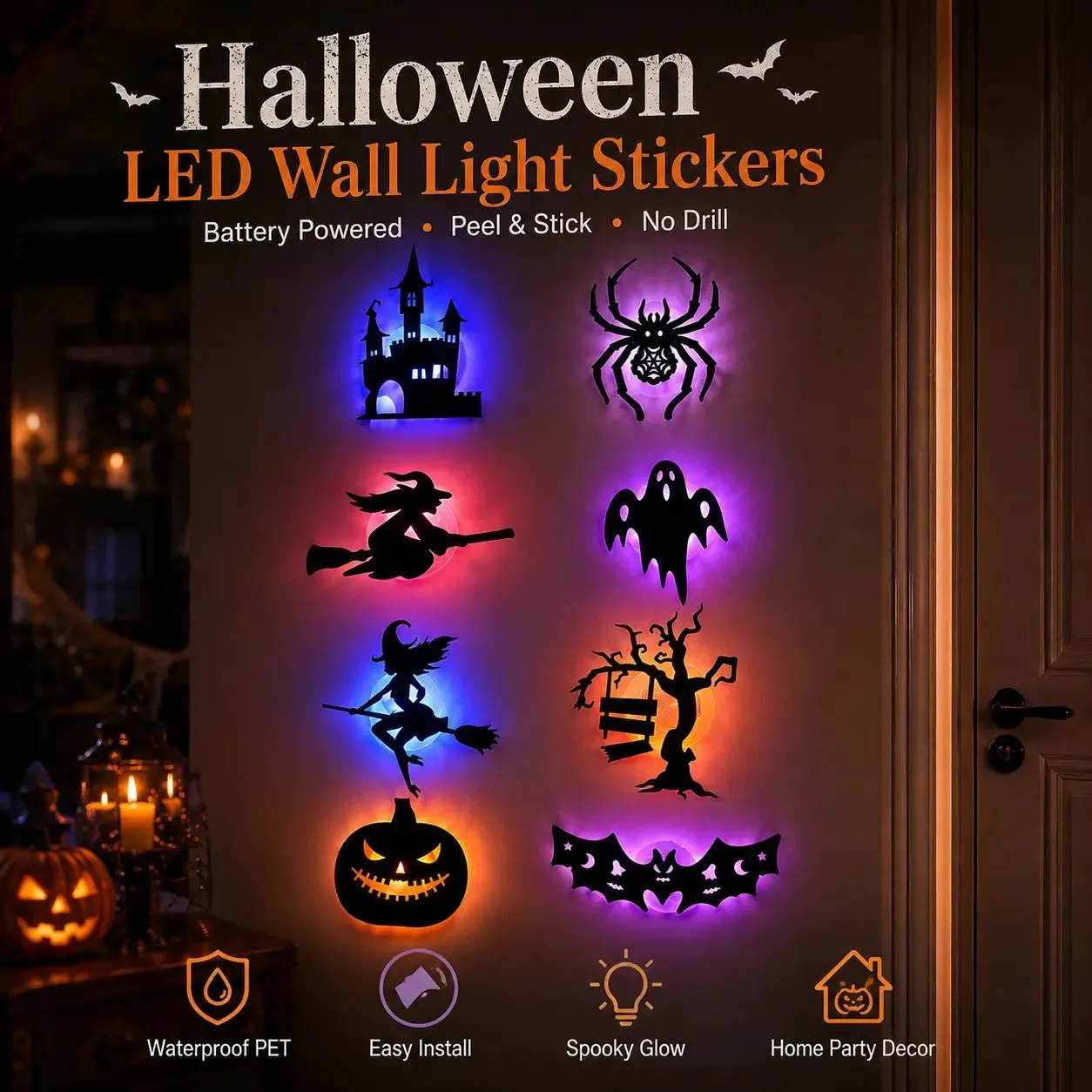 Halloween LED silhouette wall light sticker set