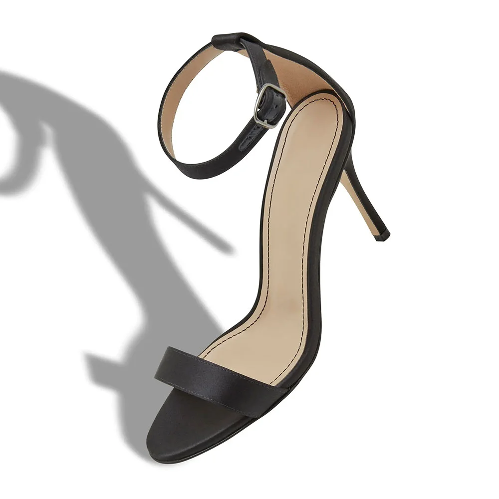 Black Satin Round Toe Ankle Strap Buckled Women's Heel Sandals
