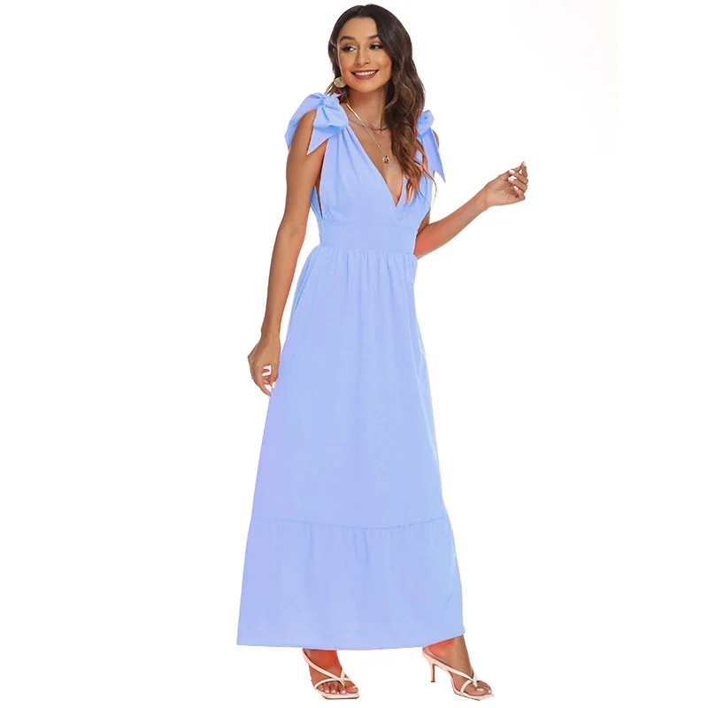 V-Neck Solid Color Dress Bow Tie Long Dress Bohemian Dress