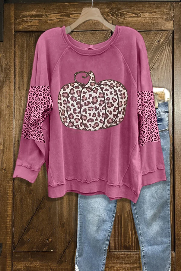 Classic Pumpkin Print Panel Leopard Sweatshirt