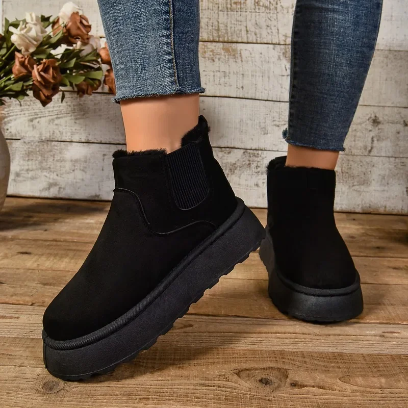 2025 Winter Women Short Plush Warm Snow Boots Casual Shoes  New Suede Fur Chelsea Ankle Boots Flats Platform Ladies Shoes Botas