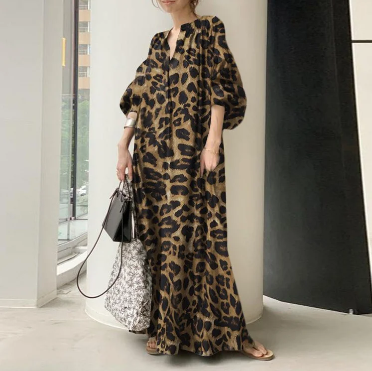 Leopard Print Stand Collar Bubble Sleeve Fashion Loose Casual Shirt Dress Black Dresses-JRSEE