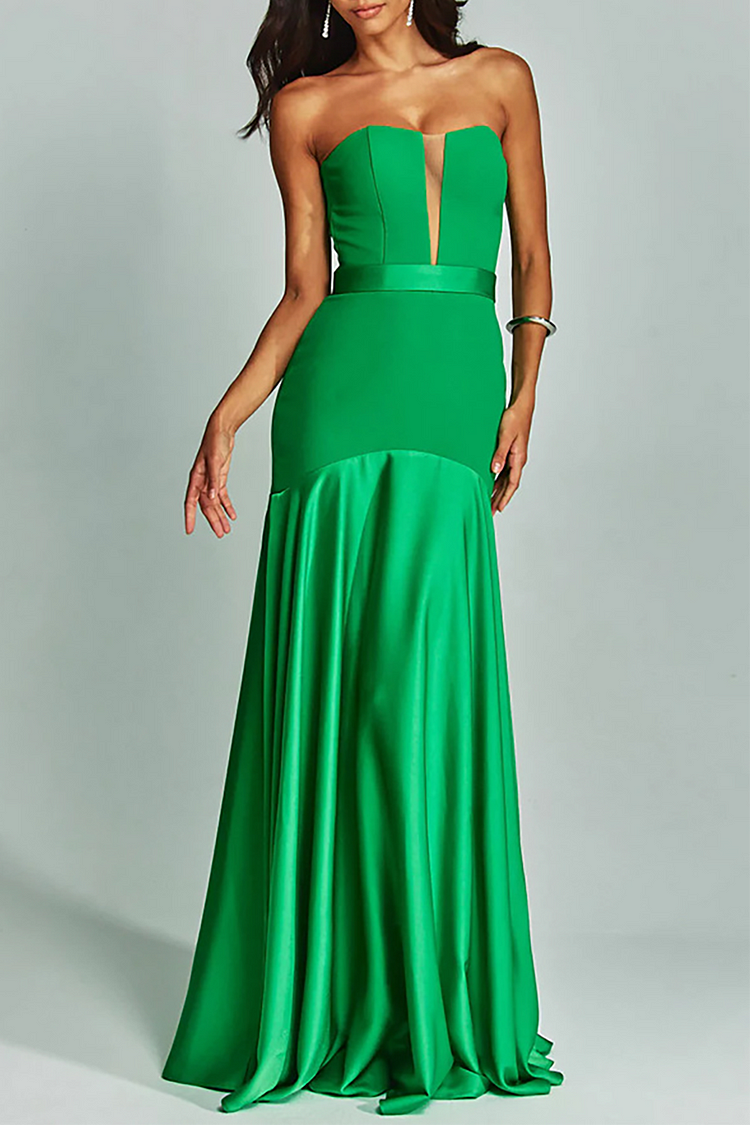 Strapless Bodycon Satin Patchwork Evening Party Gowns Maxi Dresses-Green