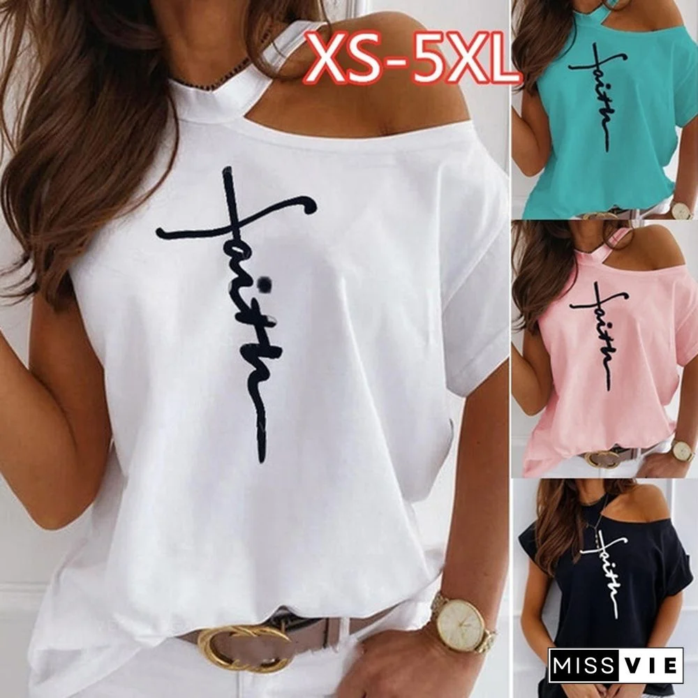 Women Fashion Loose Casual Summer T-shirt Short Sleeve Cotton Tops Plus Size Off Shoulder Print T Shirts