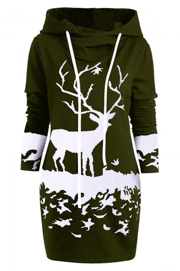 Long Sleeve Drawstring Reindeer Christmas Hoodie Dress Green-elleschic