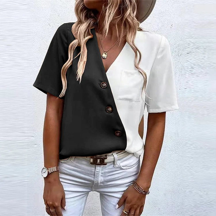 Women's V-neck Chiffon Fashion Contrast Color Short Sleeve Shirt Top