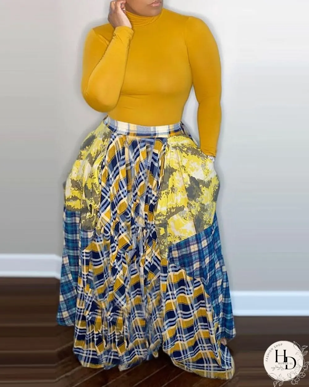 Plaid Colorblock Pleated Maxi Skirt