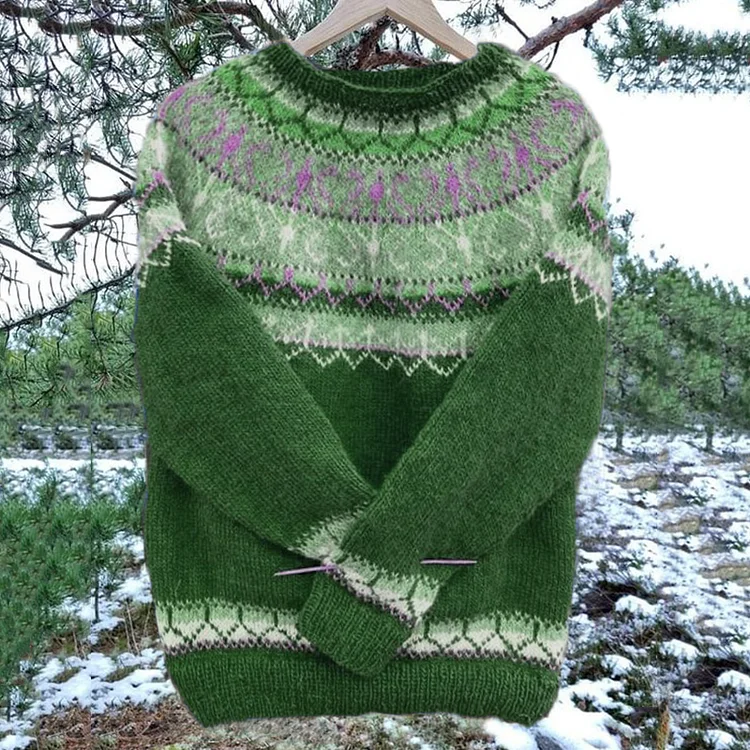 Utbros Vintage Icelandic Knit Jacquard Warmth Blue Crew Neck Sweater（Unisex）