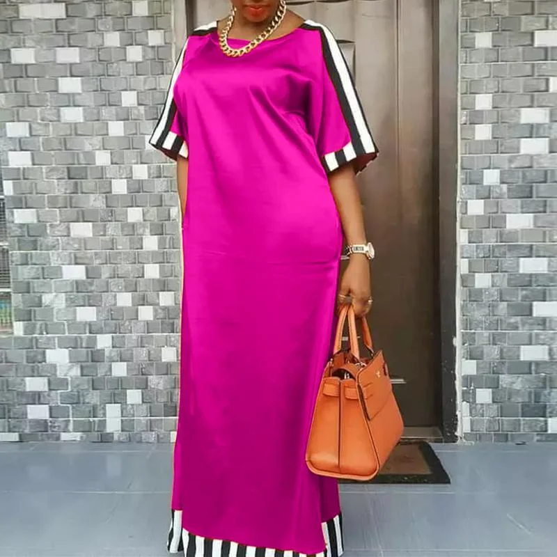 Bohemian Maxi Long Dress VONDA 2022 Women Round Neck Striped Long Maxi Dress Beach Baggy Half Sleeve Vestido Robes Longue