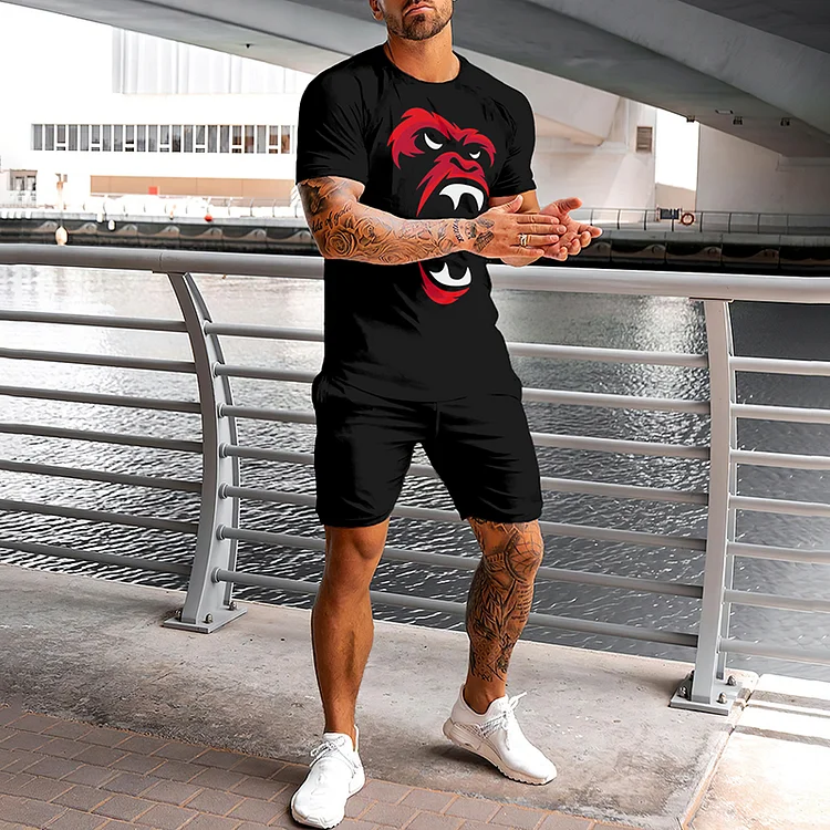 Black Casual Fashion Print T-Shirt And Shorts Two-Piece Set