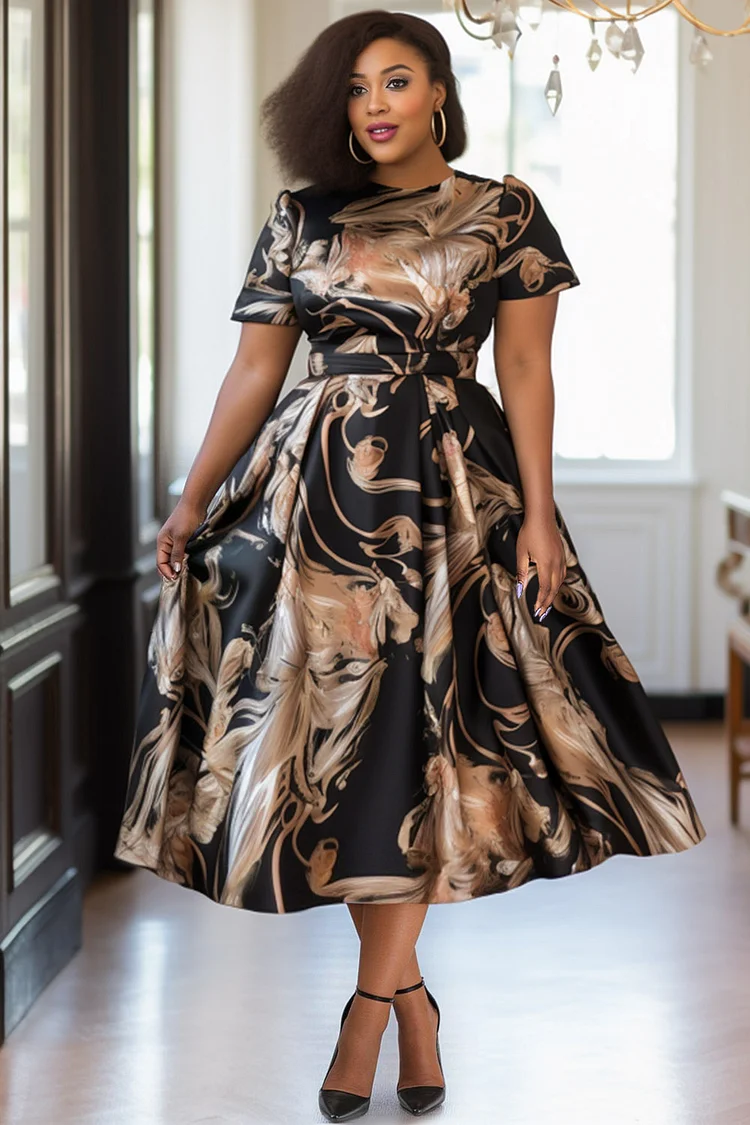 Xpluswear Design Plus Size Churchs Gold All Over Print Round Neck Short Sleeve Pocket Vintage Midi Dresses [Pre-Order] 2024 - Xpluswear