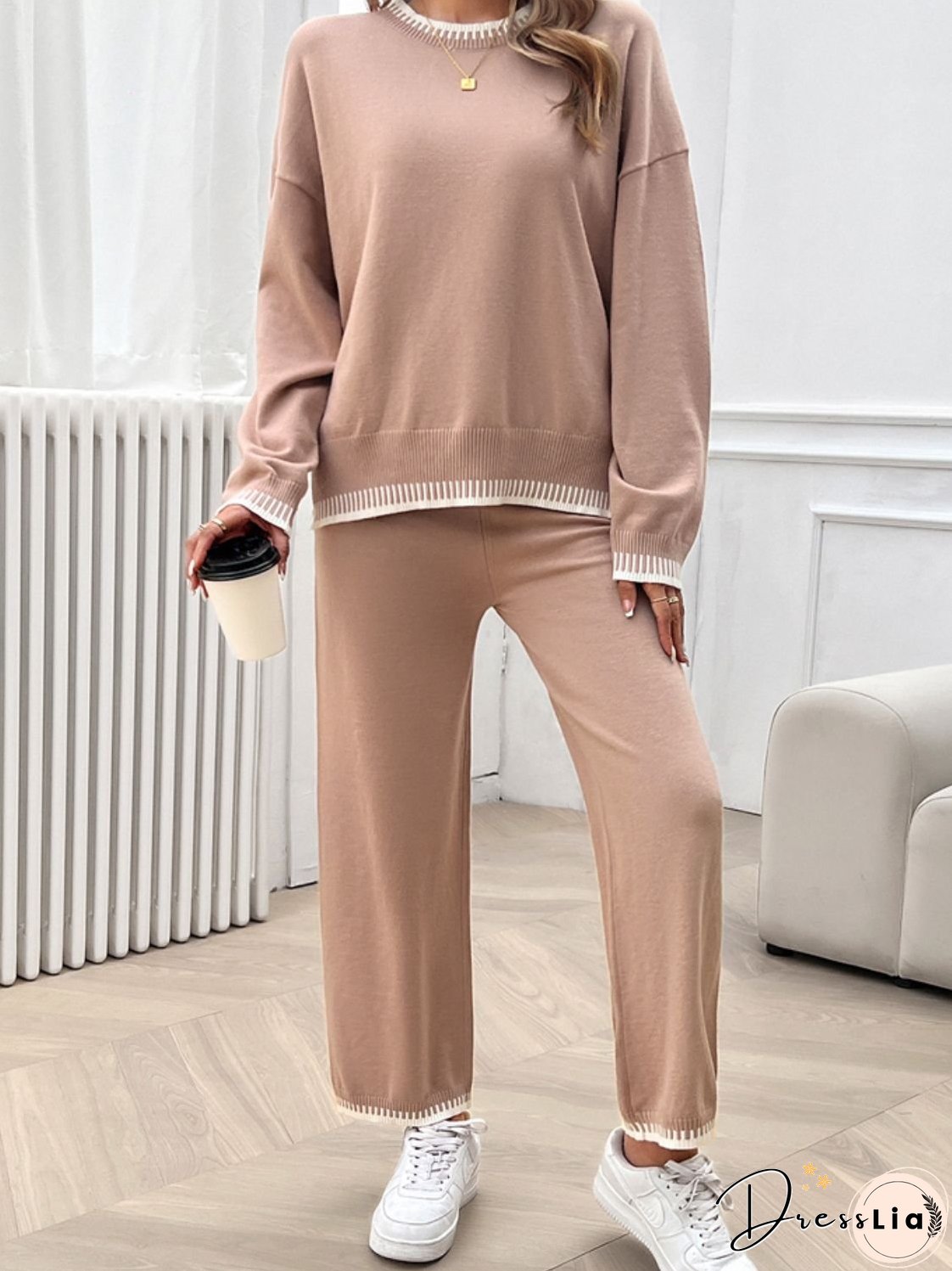 Round Neck Dropped Shoulder Top and Pants Sweater Set