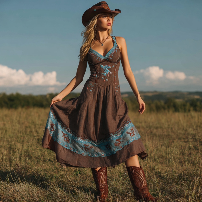 Comstylish Vintage Western Horse Print V-neck Suspender Midi Dress
