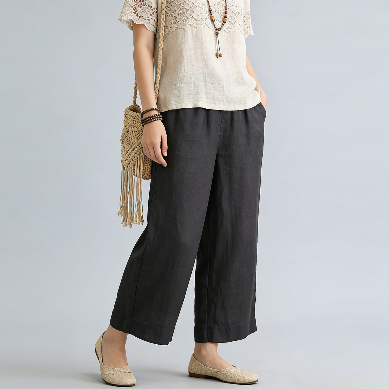 Linen Pants Women Cropped Wide Leg 7/8 Length 100% Linen Trousers REAL SILK LIFE