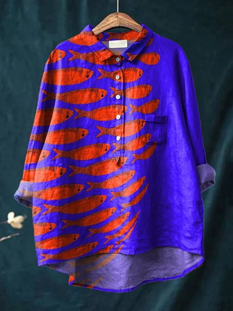 Sardine Fish Swarm Pattern Printed Women's Casual Cotton And Linen Shirt