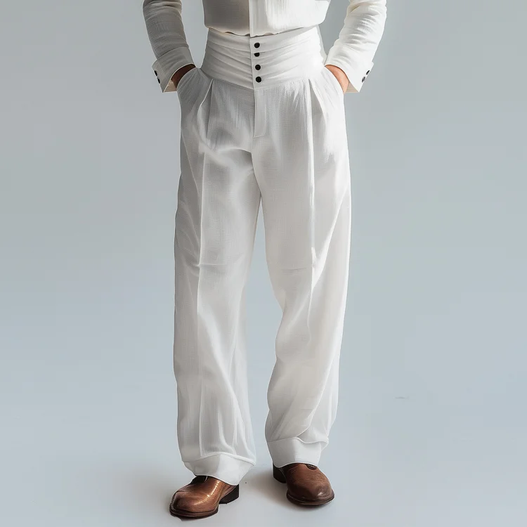 Okaywear High Waist Button Pleated Linen Pants 