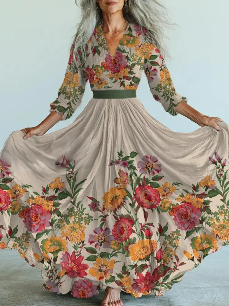 Retro Floral Art Printed Vintage V-Neck Long Sleeves Midi Dress