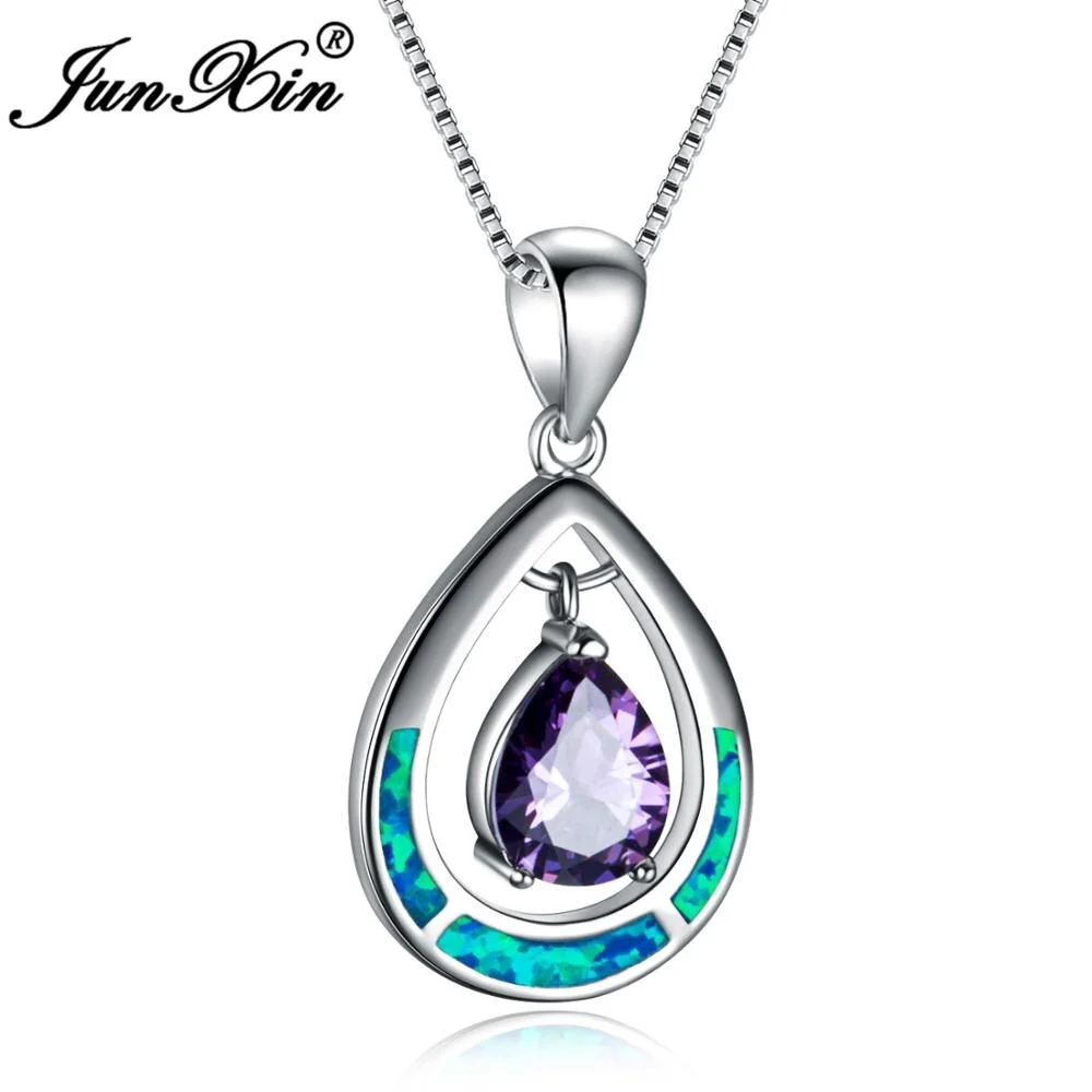 JUNXIN New Unique Silver Color Blue Fire Opal Necklace Double Layer Water Drop Shape Purple Zircon Pendants Gifts