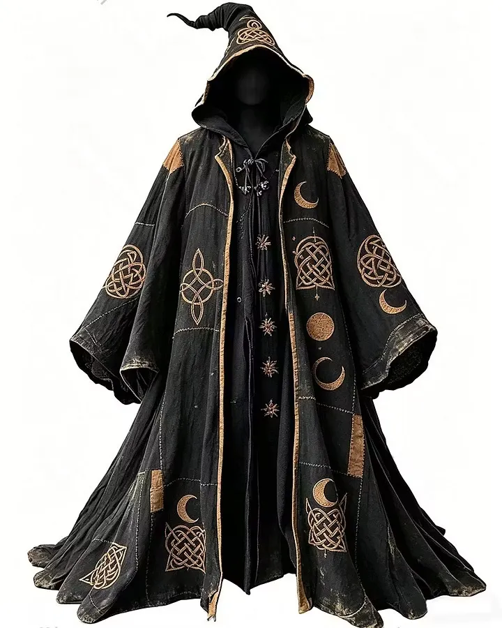 Men's Summer Fashion Hippie Style Star and Moon Print Linen Hooded Cape 7660