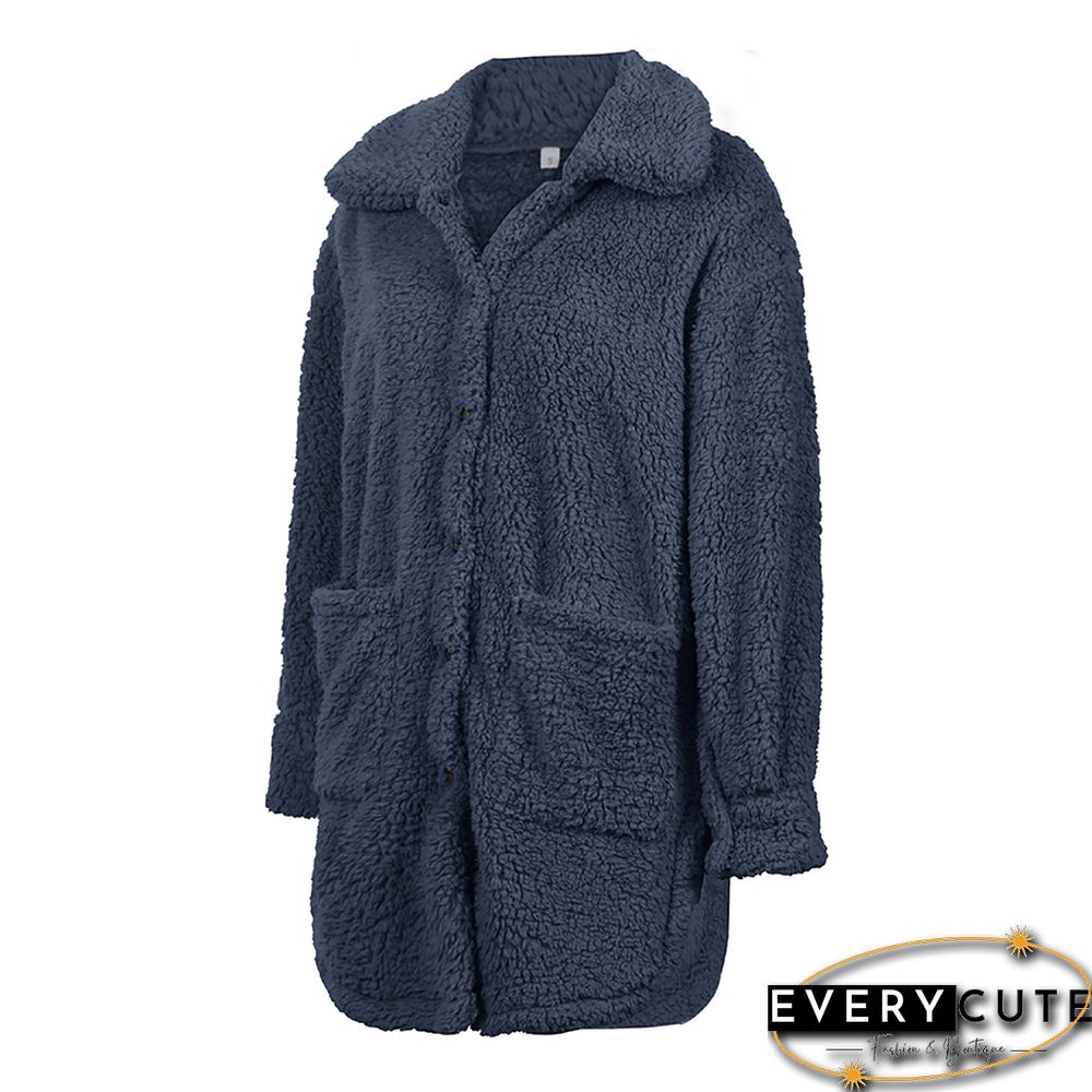 Navy Blue Double-sided Velvet Buttoned Plush Warm Coat