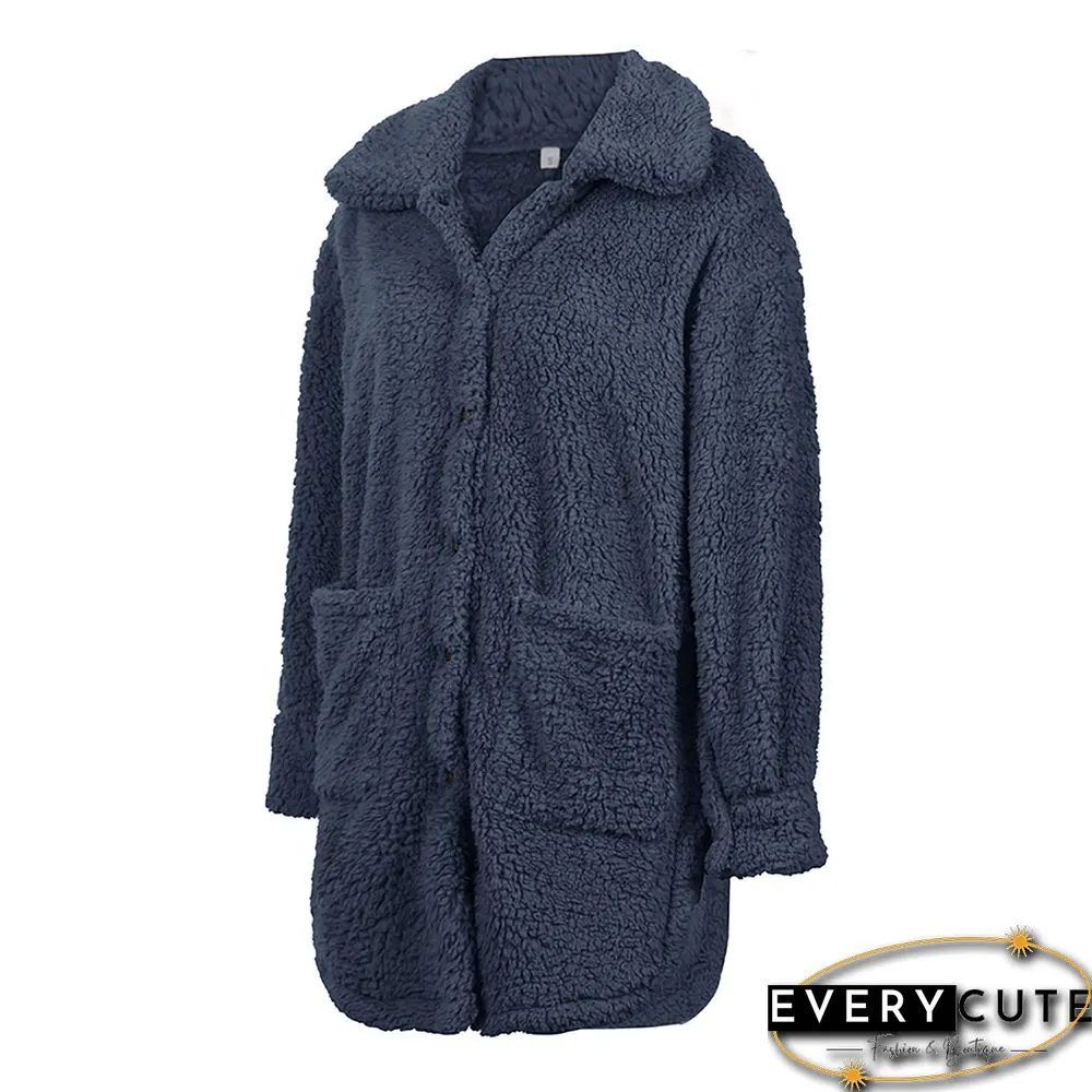 Navy Blue Double-sided Velvet Buttoned Plush Warm Coat