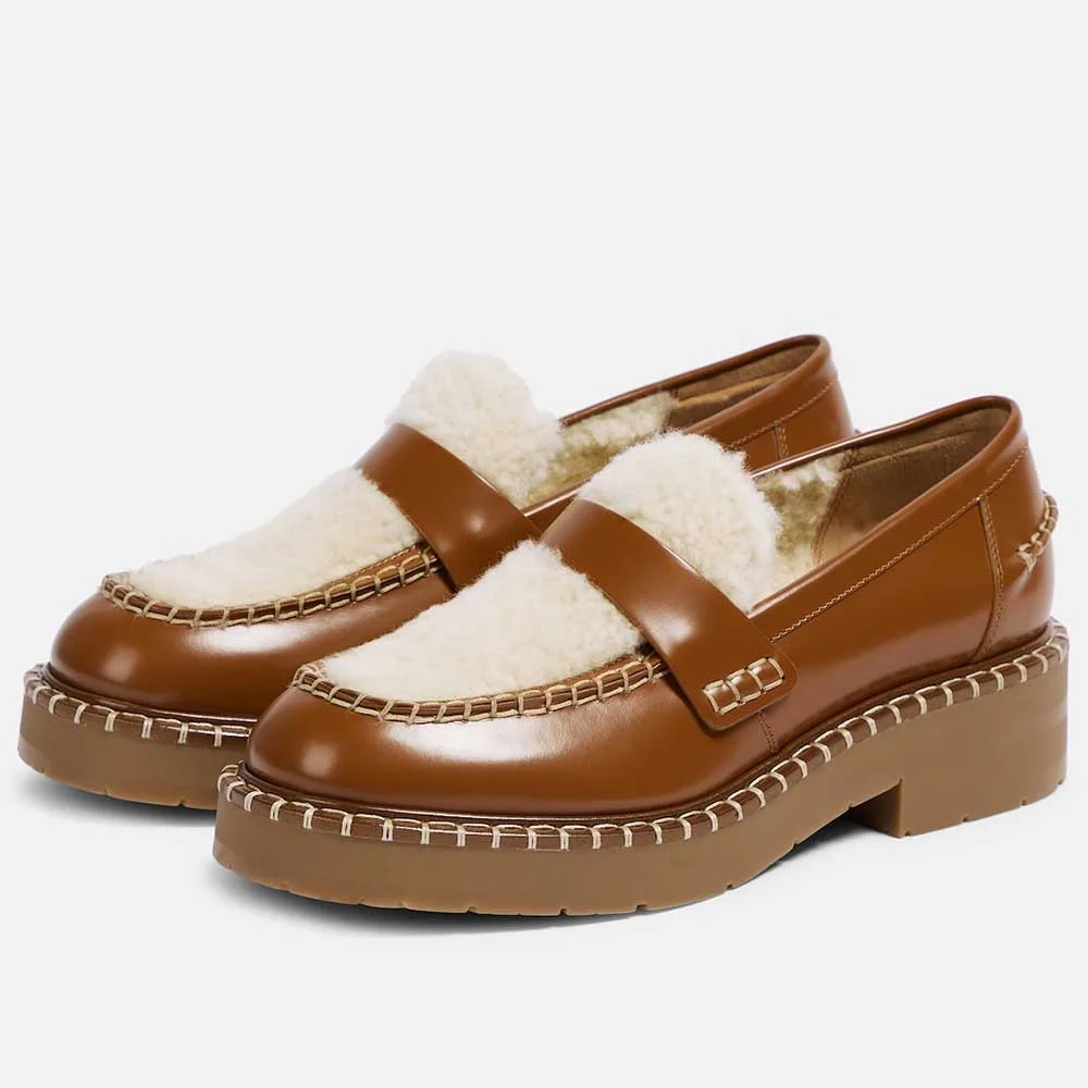 Brown Vegan Leather & Fur Round Toe Platform Flat Loafers Nicepairs