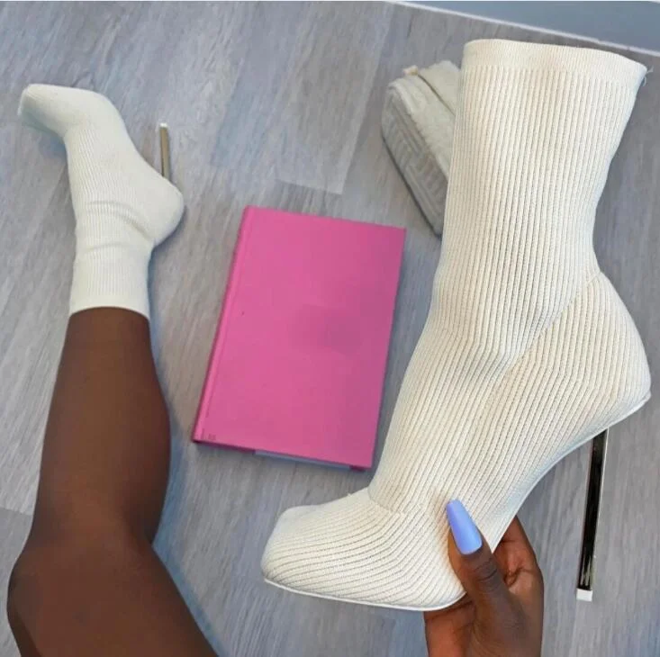 Vstacam Thanksgiving The New Square Toe Sexy Stiletto Knit Socks Boots Women's Stretch High Heel Mid-Tube Boots All-Match Fashion Women's Boots